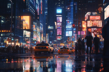 Rainy night city street scene vibrant billboards taxis pedestrians reflections