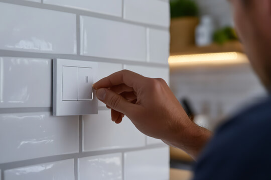 Electrician installing smart light switches in kitchen. Featuring smart home tech and electrical installation