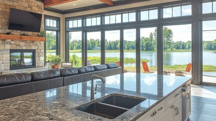 Fototapeta premium Luxurious lakefront home interior showcasing a spacious kitchen island with granite countertop, double sink, and stunning panoramic views through expansive windows