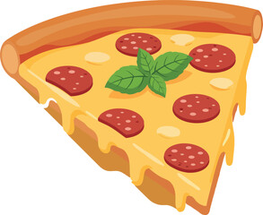 Slice of pepperoni pizza with melted cheese and basil leaves flat design vector illustration