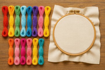 Colorful Thread Spools Arranged Around an Empty Embroidery Hoop on a Bright Yellow Background