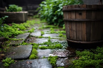Naklejka premium Rainwater Barrel Overflowing A close-up of a wooden barrel with rainwater overflowing into a mossy stone path