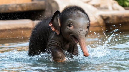 Adorable baby elephant playing in water at zoo