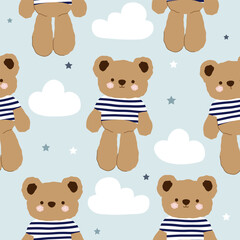 Naklejka premium teddy bears wearing striped blue white t shirts , stars, clouds seamless pattern , vector , illustration