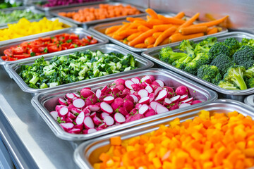 Colorful fresh vegetables in metal trays ready to serve healthy food