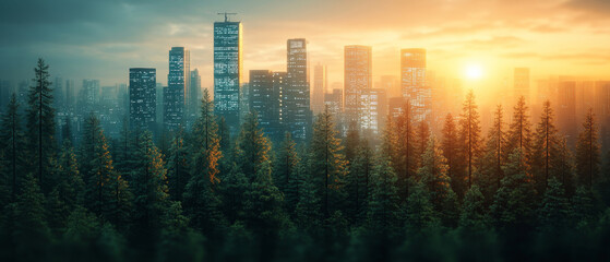 Fototapeta premium serene city skyline at sunset, surrounded by lush trees, creating peaceful atmosphere
