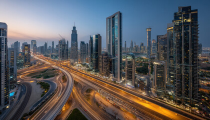 Fototapeta premium Dusk settles over a vibrant city, with skyscrapers illuminated and highways filled with moving traffic, creating a dynamic urban atmosphere