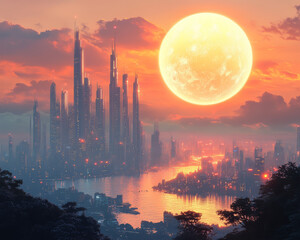 Fototapeta premium Futuristic city skyline with large moon and vibrant sunset colors, showcasing advanced