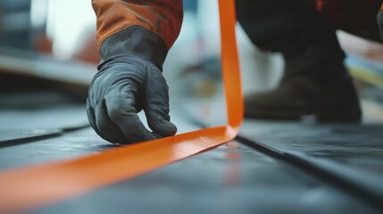 Construction worker applying safety tape in a construction zone. Featuring site safety and hazard control