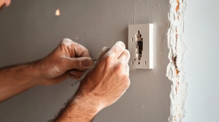 Electrician installing a power outlet on a wall. Featuring detail and expertise