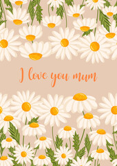 Mother's day greeting card. Seamless pattern for postcard or poster with daisies. Chamomile vector floral illustration for congratulations or decor etc. Festive template can add text.