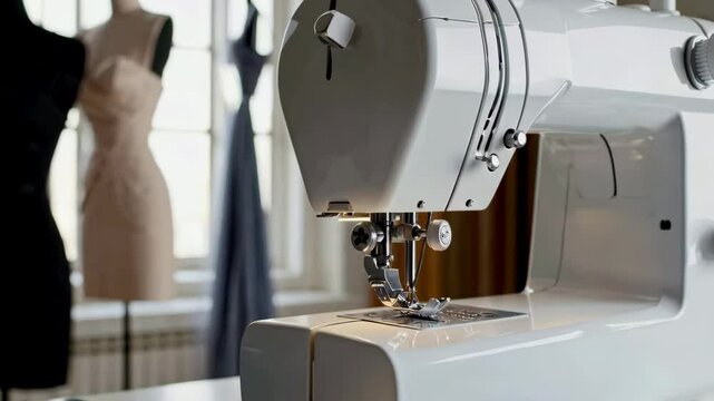 Elegant sewing machine with fashion mannequins and colorful fabrics in tailoring studio