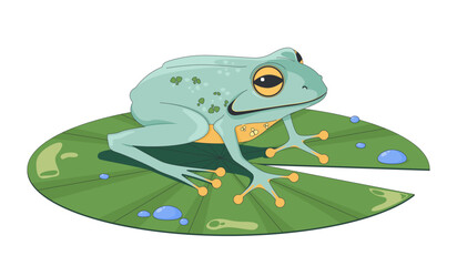 Cute frog sitting on lily pad 2D cartoon character. Peaceful pond creature wet leaf. Lo-fi amphibian on lilypad with water droplets flat vector animal isolated on white. Spot illustration colorful