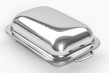 Shiny stainless steel serving tray with lid ready for a feast in a modern kitchen setting isolated on transparent background