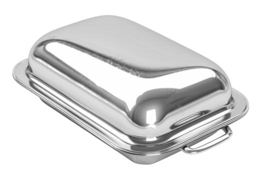 Shiny stainless steel serving tray with lid ready for a feast in a modern kitchen setting isolated on transparent background