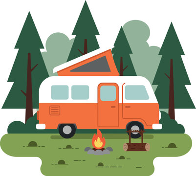 Fototapeta Orange and white camper van parked in forest with campfire and grill flat design vector illustration