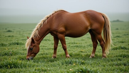 Obraz premium Grazing horse in a lush green meadow nature scene serene environment close-up perspective