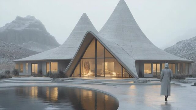 Person in long coat walks toward a snow covered, modern house with a unique roofline and large windows reflecting the soft light. Mountains are visible in the background.