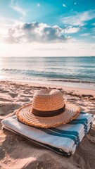 Straw hat resting on a beach towel beside gentle waves at sunset