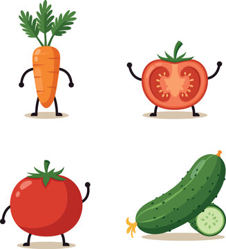 Naklejki Cartoon vegetable characters with carrot tomato cucumber in minimal flat style vector illustration
