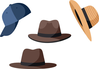 Four different stylish hats including baseball cap and wide brim hats in flat minimalist design vector illustration