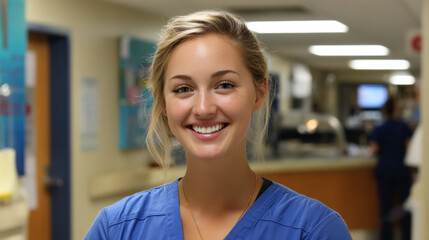 Fototapeta premium Smiling nurse in scrubs, hospital background, professional portrait