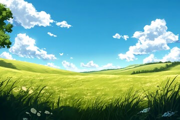 Obraz premium A Wide Open Field Leading to Rolling Golden Hills with Soft Grass.
