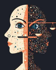Conceptual illustration of AI bias, depicting a split human face with circuits and justice scales to symbolize fairness and discrimination in algorithms. AI generative.