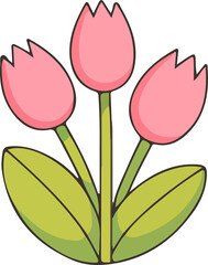 Cute illustration of three pink tulips with green leaves in a cartoon style. Ideal for spring designs, kids' art, greeting cards, or playful floral graphics.