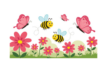 Playful bees swirl in bright garden filled with dazzling butterflies flower clusters under warm sunshine