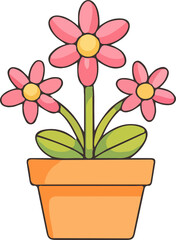 Cute cartoon-style potted flower with pink petals and yellow centers, perfect for spring designs, gardening themes, kids’ graphics, or cheerful decorative illustrations.