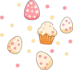 Cute seamless pattern with pastel Easter eggs, cupcake, and polka dots. Perfect for spring holiday designs, kids’ projects, wrapping paper, or festive backgrounds.