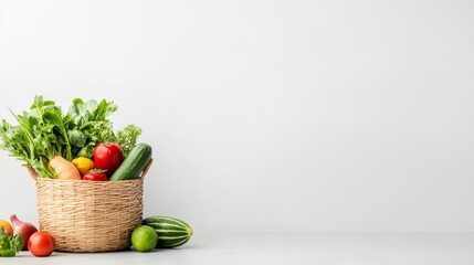 basket with fresh vegetables on white background, copy space, harvest
