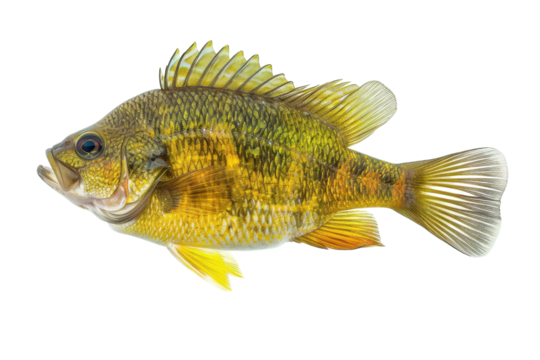 A vibrant sunfish gracefully glides through clear waters during a sunny day in summer isolated on transparent background