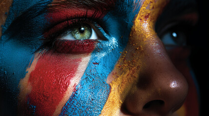 Naklejka premium Close-up of eye and face painted with blue, red, and gold paint, showcasing vibrant texture and color contrast. Represents artistry, creativity, and bold self-expression.