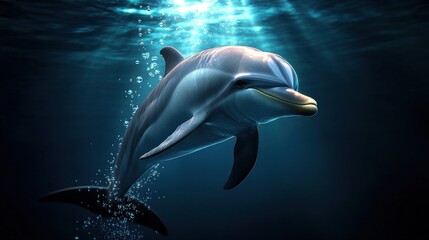 Underwater dolphin, playful, ocean, sunlight beams