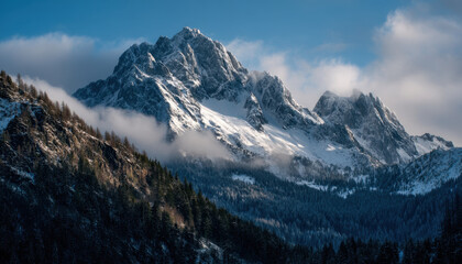 Fototapeta premium Majestic snow-capped peaks dominate the landscape of the Alps, surrounded by dense forests and a bright blue sky