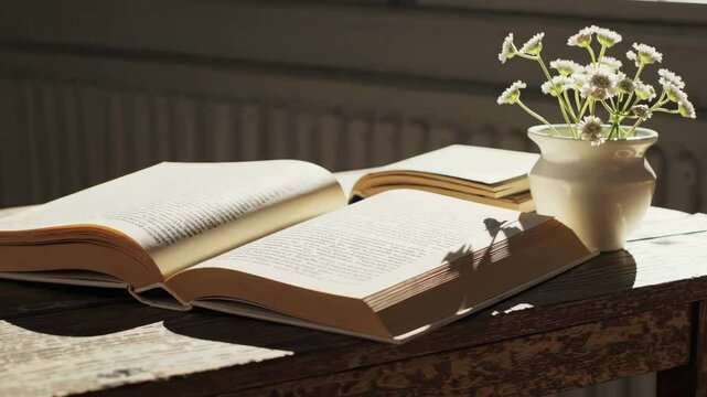 Sunlit bouquet and open book on wooden table suggests a serene study atmosphere