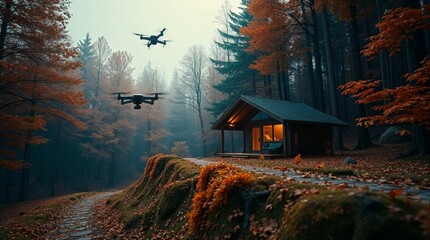 Generative AI.  A futuristic cabin, drones, and glowing path lights are visible.