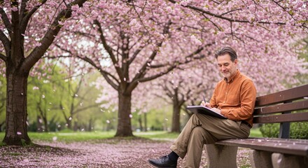 Fototapeta premium A relaxed middle-aged man with a kind expression, sitting on a bench under blooming cherry blossom trees in a quiet park. He’s holding a sketchbook, completely absorbed in drawing.