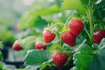 Ripe red strawberries growing on green plants in a garden sunlight shining