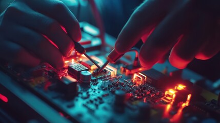 Electrician testing an industrial circuit board with a multimeter. Featuring electrical expertise and diagnostics