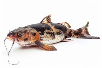 Unique freshwater catfish resting elegantly on a clean white surface showcasing vibrant colors isolated on transparent background