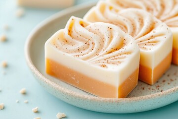 Sliced soap bar with creamy swirls and exfoliating flecks on a plate