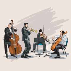 Quartet players from string and brass sections play jazz songs © Riefky