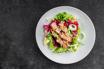 Tuna salad canned fish mixed green leaf lettuce seafood appetizer vegetable dish organic fresh...