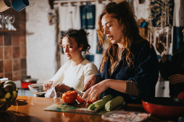 Young women are working together in a warm rustic kitchen, cutting and washing vegetables. They are engaged in cooking, surrounded by a lively atmosphere emphasizing friendship and culinary creativity