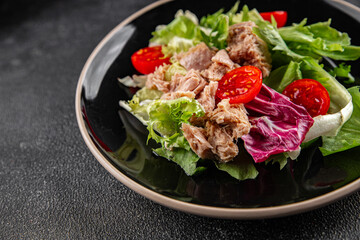 Tuna salad canned fish mixed green leaf lettuce seafood appetizer vegetable dish organic fresh tasty gourmet food background on the table rustic top view copy space vegetarian food pescetarian diet