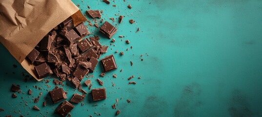 Dark chocolate squares arranged in a brown paper bag on turquoise backdrop