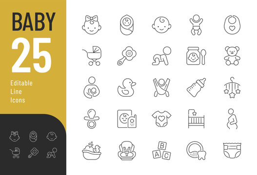 Baby Line Editable Icons set. Vector illustration in modern thin line style of children care related icons: toys, accessories, clothes for babies, and more. Isolated on white background.